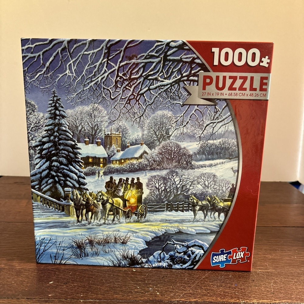 Winter Puzzle I000 Piece Sure Lox Jigsaw Winter Coaches NEW 27x 19 Snow Carriage